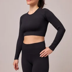 Geripptes Sportshirt langarm Damen aus recyceltem Polyamid